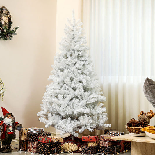 6ft white artificial Christmas tree decorated with ornaments and presents underneath
