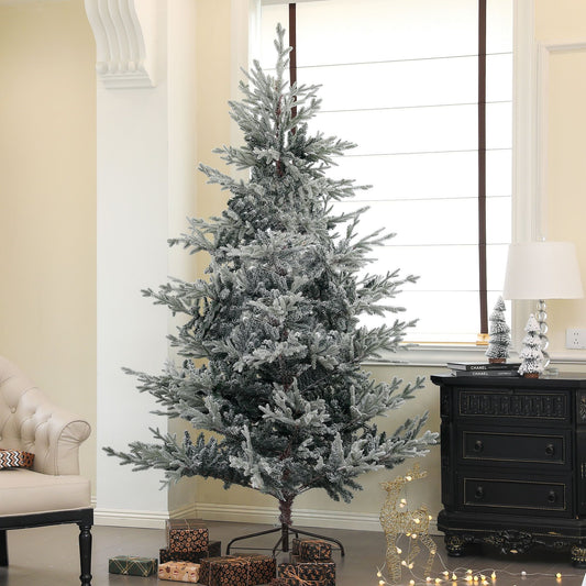 7.5ft snow flocked artificial Christmas tree in a cozy living room with gifts and decorations