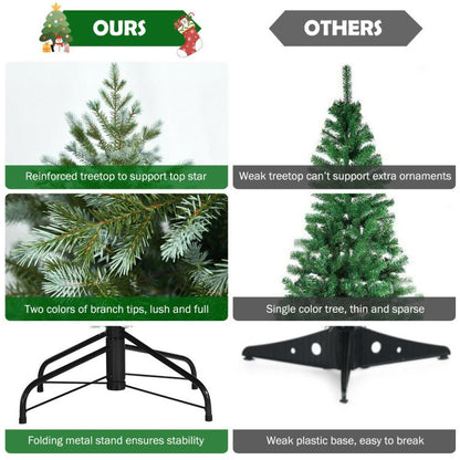 Comparison showing 7 foot artificial Christmas tree with reinforced treetop, two-tone branches, and folding metal stand