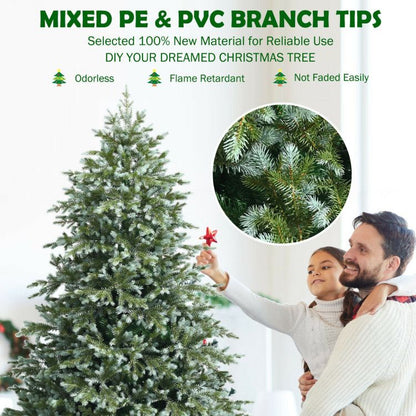 7 foot artificial Christmas tree with mixed PE and PVC branch tips shown with father and daughter decorating indoors