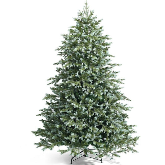 7 foot artificial Christmas tree with frosted green branches on metal stand from FauxMart.com