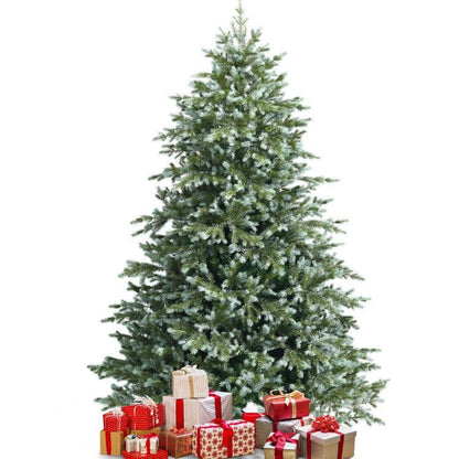 7 foot artificial Christmas tree with snow-flocked branches and assorted wrapped gifts underneath