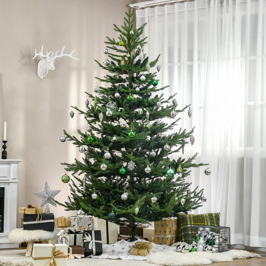 7.5 ft artificial Christmas tree decorated with silver and green ornaments in a cozy living room