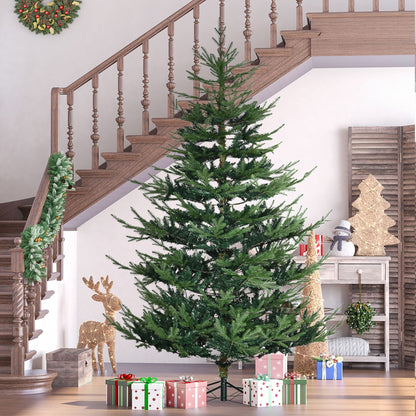 FauxMart.com 7.5 ft artificial Christmas tree set up in living room with presents and holiday decor