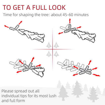 Instructional diagram showing how to shape branches of 7.5 ft prelit white Christmas tree for full and lush appearance