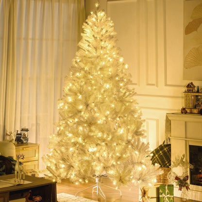 7.5 ft prelit white Christmas tree with warm white lights in a cozy living room setting