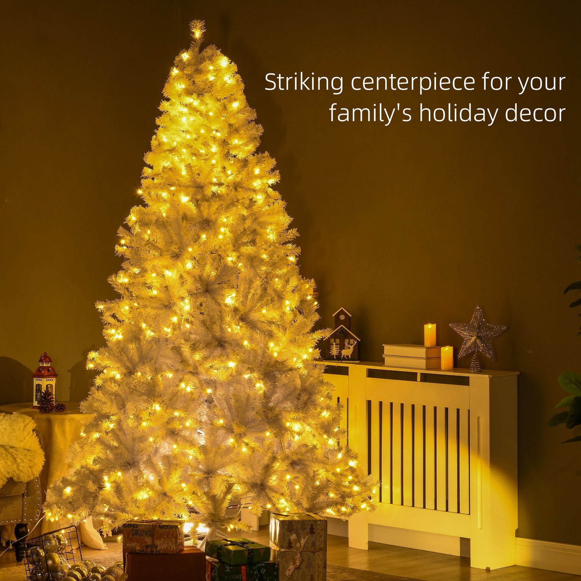 7.5 ft prelit white Christmas tree glowing warmly in a cozy living room holiday setting
