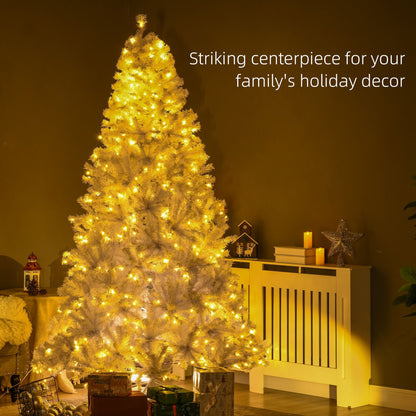 7.5 ft prelit white Christmas tree glowing warmly in a cozy living room holiday setting