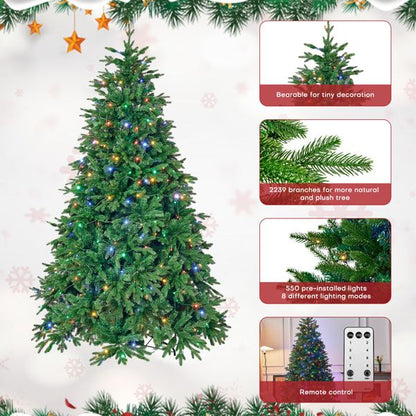 7.5ft artificial Christmas tree with 2239 branches and 550 pre-installed lights for festive decor
