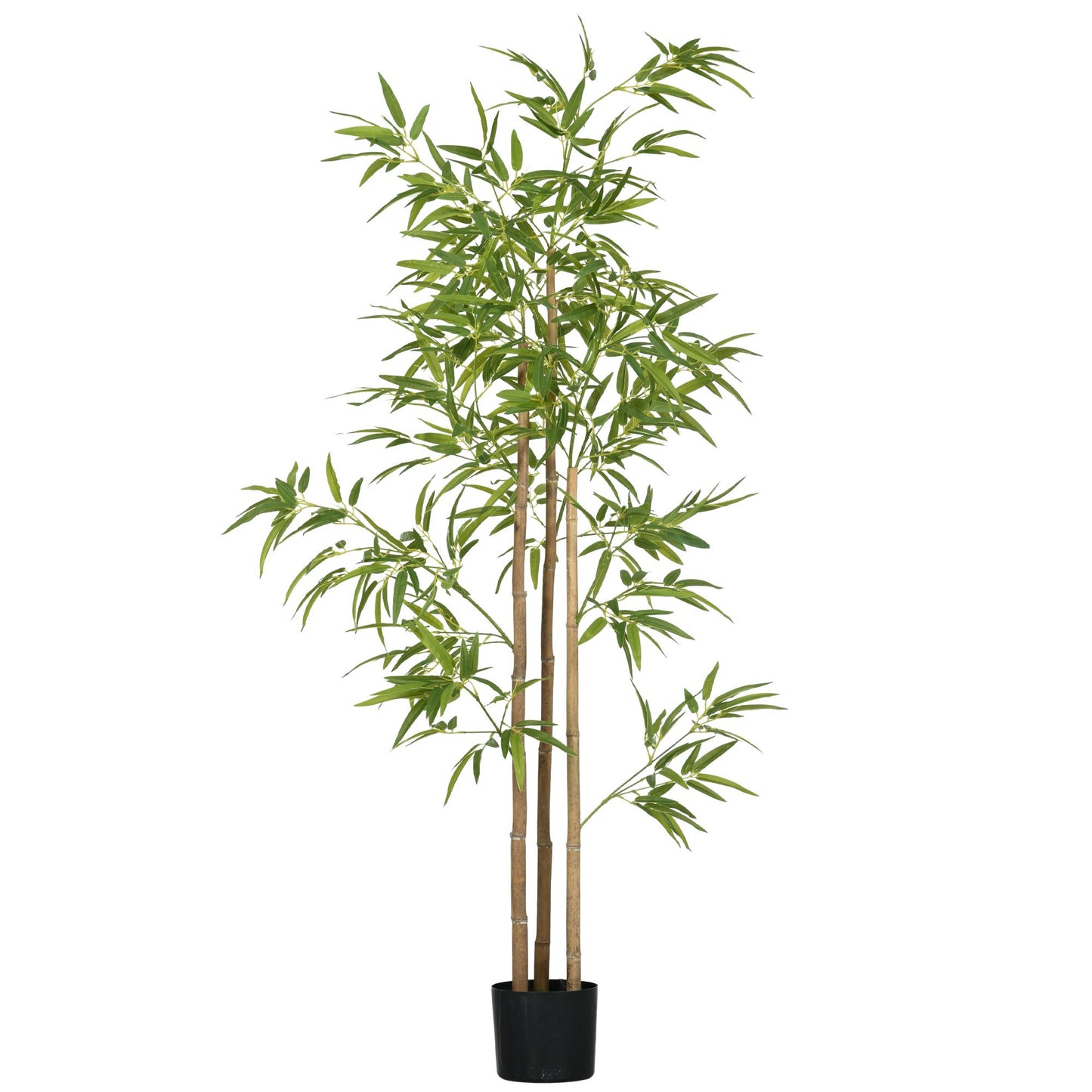 Artificial bamboo tree 6ft tall with green leaves and natural brown stems in a black pot