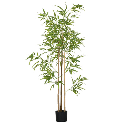 Artificial bamboo tree 6ft tall with green leaves and natural brown stems in a black pot
