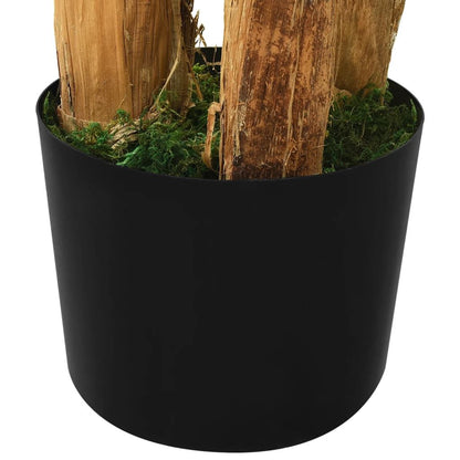 Close-up of black pot base with artificial banana tree decor trunks and green moss from FauxMart.com
