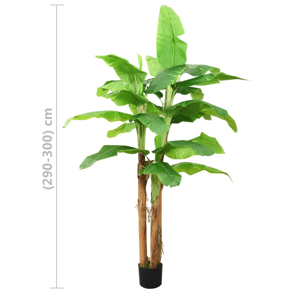 Tall artificial banana tree decor with vibrant green leaves and realistic brown trunks in a black pot
