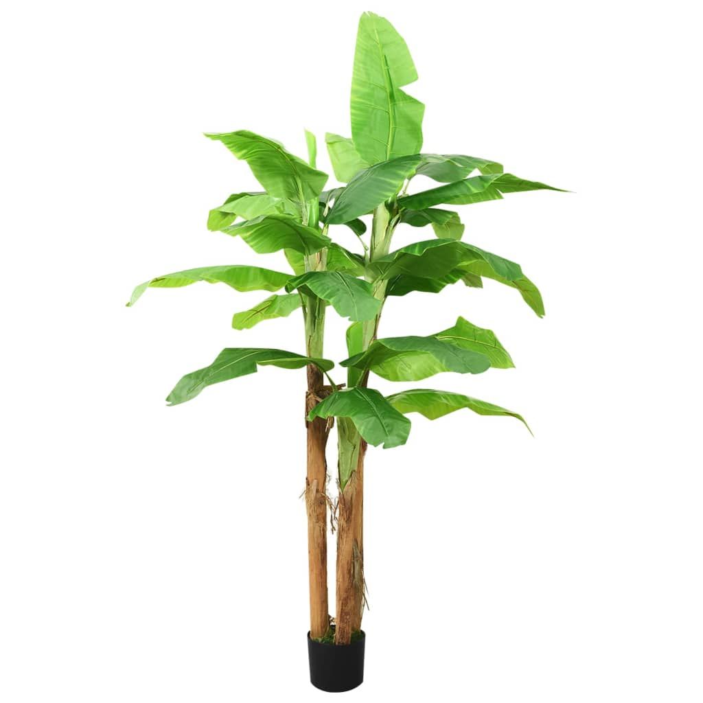 Tall artificial banana tree decor with large green leaves and natural brown trunks in black pot