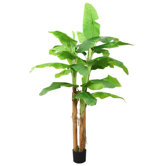 Tall artificial banana tree decor with large green leaves and natural brown trunks in black pot