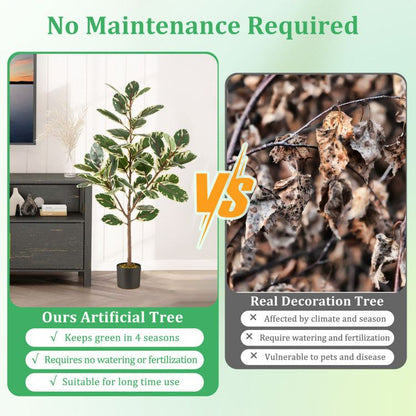 Side by side image comparing artificial bird of paradise plant with a real decoration tree showing maintenance benefits
