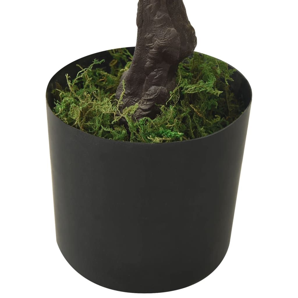 Black pot with artificial bonsai tree with pot featuring textured trunk and green moss decoration