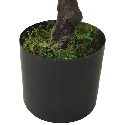 Black pot with artificial bonsai tree with pot featuring textured trunk and green moss decoration