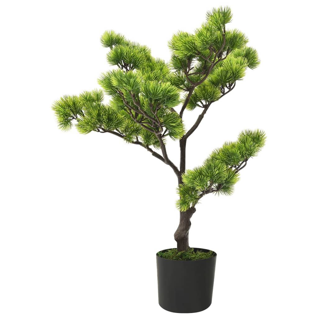 Artificial bonsai tree with pot featuring green pine needle leaves and a black container