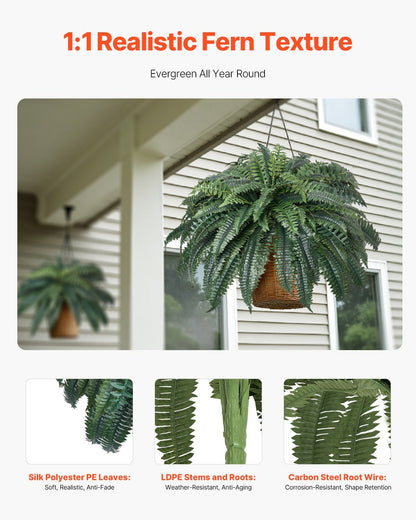 Artificial Boston fern plant with realistic silk polyester leaves hanging on porch outdoors