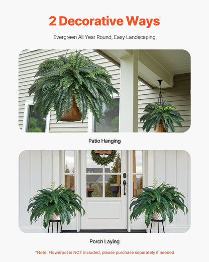 Artificial Boston fern plant shown hanging on patio and placed on porch for year-round decoration