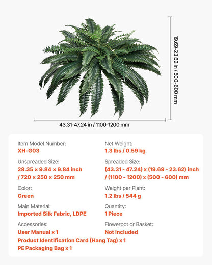 Artificial Boston fern plant with lush green leaves measuring 43 inches wide and 20 inches tall