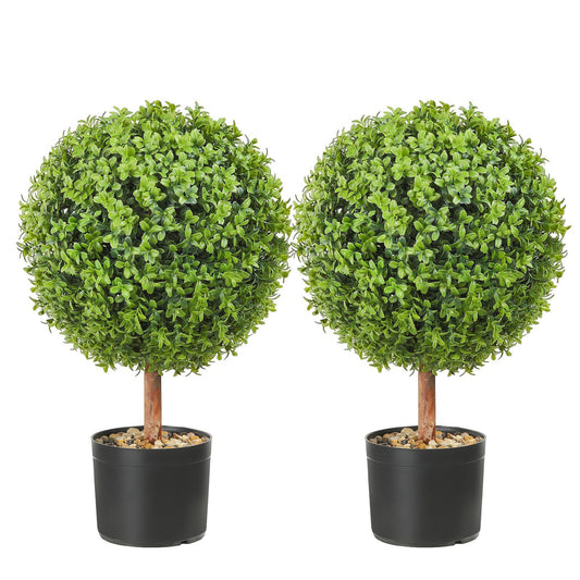 Pair of artificial boxwood ball 16 inch topiaries in black pots for indoor or outdoor decor