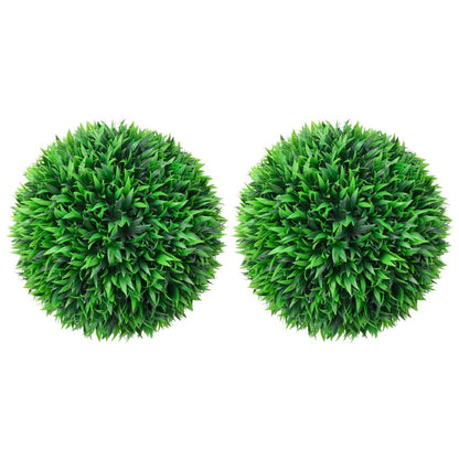 Two vibrant green artificial boxwood ball decor pieces perfect for indoor and outdoor decoration