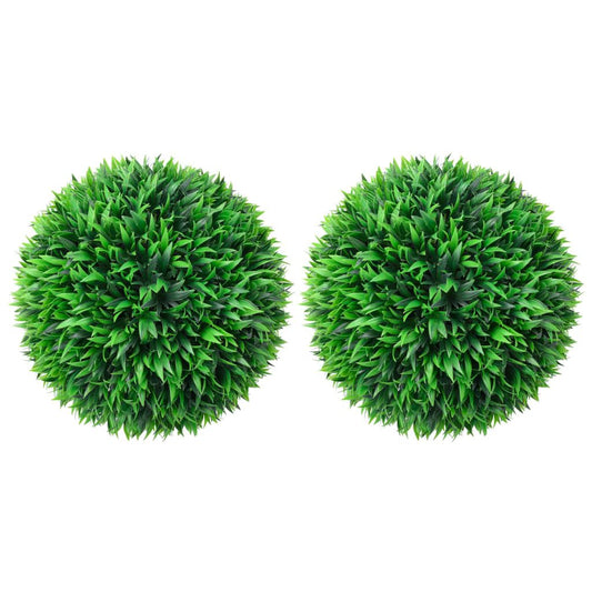 Two vibrant green artificial boxwood ball decor pieces perfect for indoor and outdoor decoration