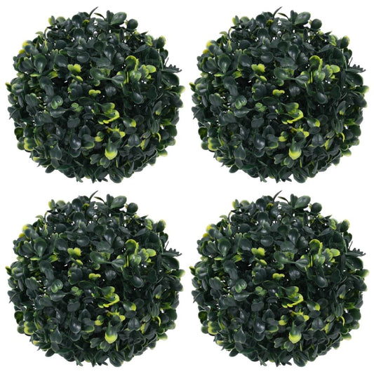 Set of four artificial boxwood balls for home decor and landscaping, adding greenery without maintenance