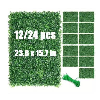 Artificial boxwood hedge panels set with 12 or 24 pieces measuring 23.6 by 15.7 inches from FauxMart.com