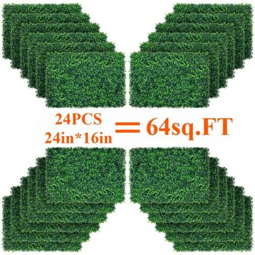 Set of 24 artificial boxwood hedge panels 24 by 16 inches covering 64 square feet for wall decoration