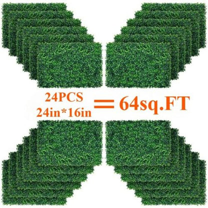 Set of 24 artificial boxwood hedge panels 24 by 16 inches covering 64 square feet for wall decoration