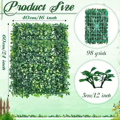 Artificial boxwood hedge panels measuring 40 by 60 centimeters with 98 grid backing for easy installation
