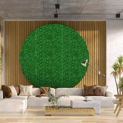 Artificial boxwood hedge panels featured in a modern living room setting with stylish decor