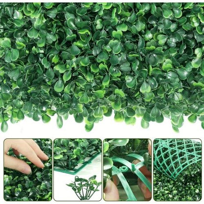 Close-up of FauxMart.com artificial boxwood hedge panels showing dense green leaves and flexible plastic backing