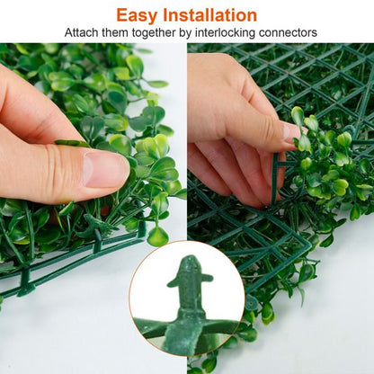 Close-up of hands installing artificial boxwood hedge panels using interlocking connectors