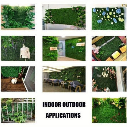 Artificial boxwood hedge panels displayed in various indoor and outdoor applications for decor