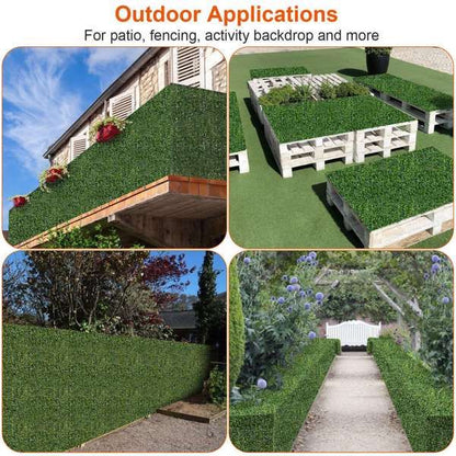 Artificial boxwood hedge panels displayed in outdoor applications for patios, fencing, and event backdrops