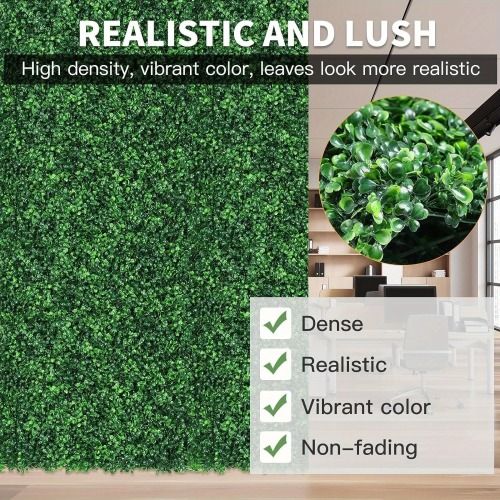 Artificial boxwood hedge panels with dense vibrant green leaves for realistic and non-fading wall coverage