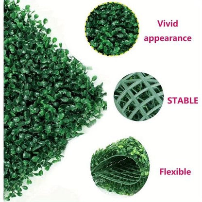 Artificial boxwood hedge panels from FauxMart.com showing vivid green appearance, stable grid backing, and flexible design