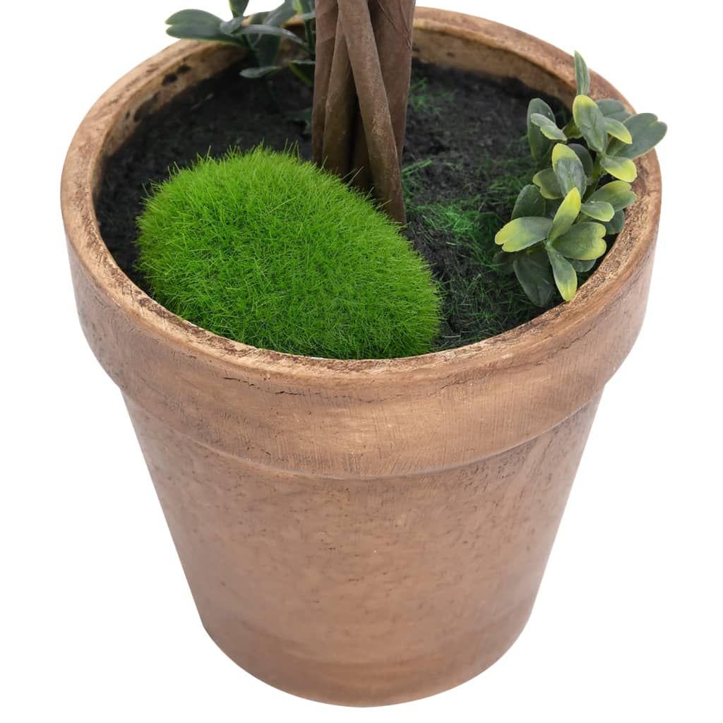Decorative artificial boxwood plants in a rustic terracotta pot for home decor