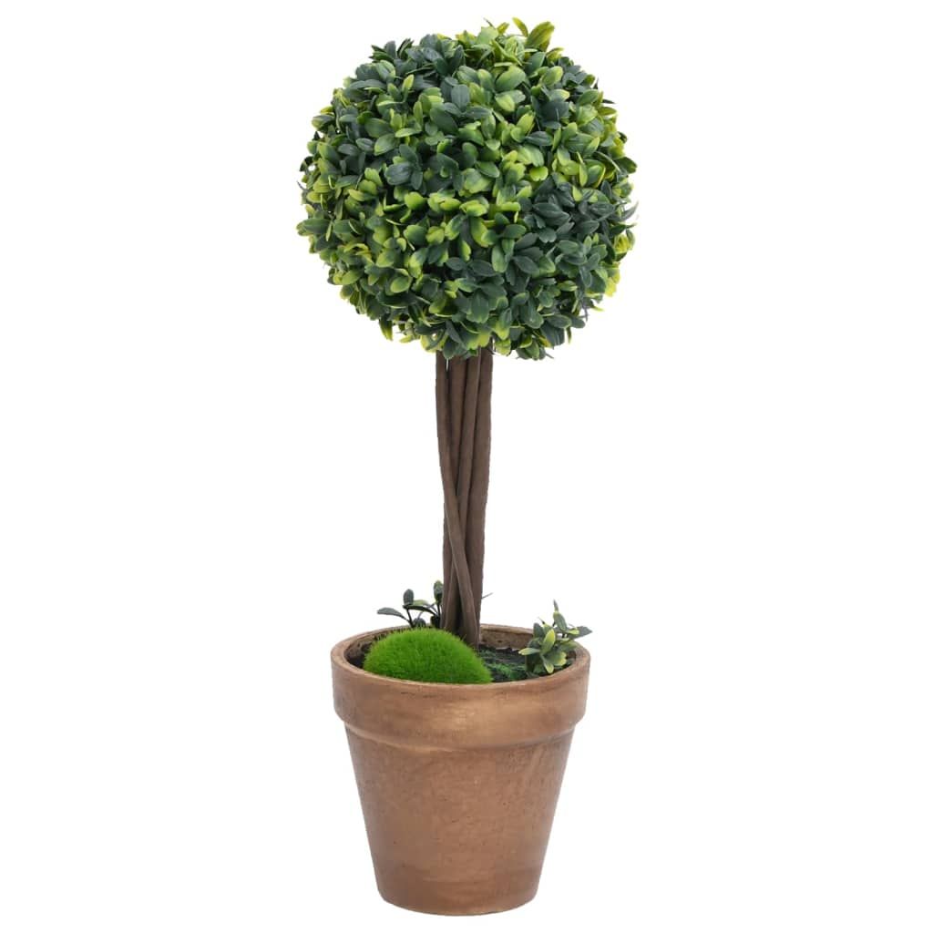 Artificial boxwood plants in a decorative pot featuring a round topiary design for indoor decor