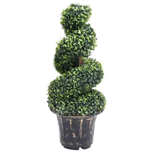 Artificial boxwood spiral topiary plant in a decorative black pot for indoor decoration