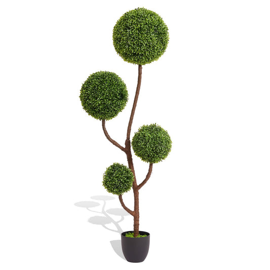 Artificial boxwood topiary with four round green spheres on a slender brown trunk in a black pot