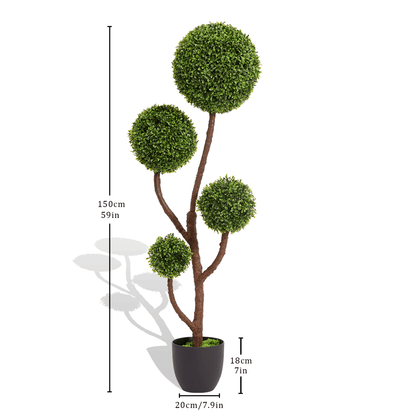Artificial boxwood topiary with three round green shrubs in a black pot, 150cm tall for home decor