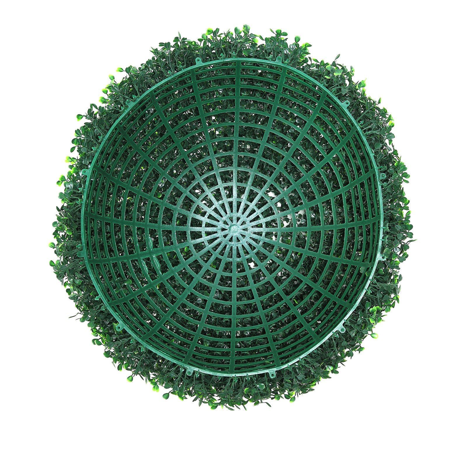 Top view of artificial boxwood topiary balls with green grid base from FauxMart.com