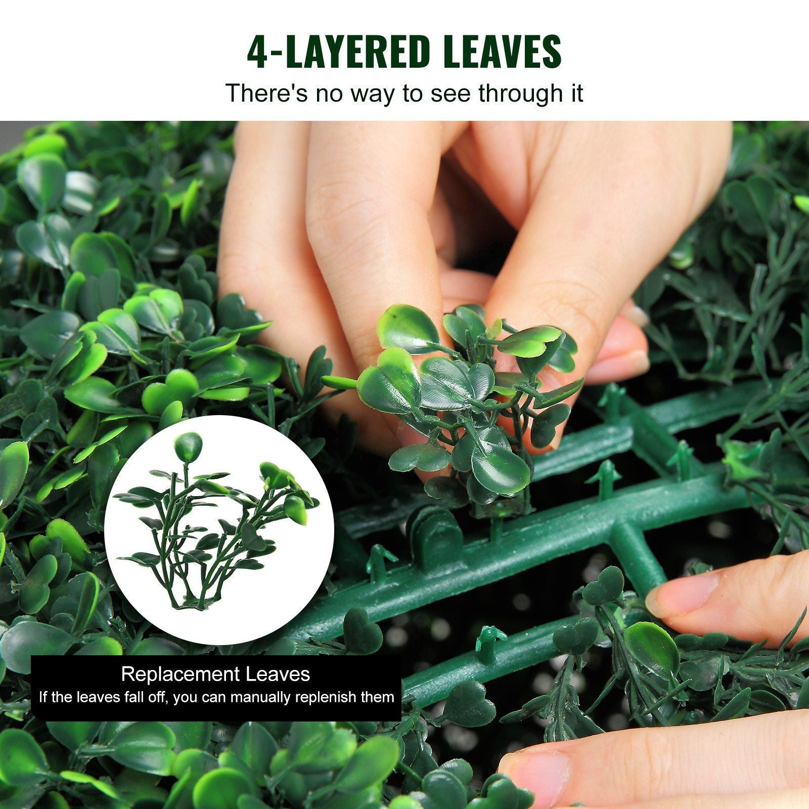 Close-up of hands attaching replacement leaves to artificial boxwood topiary balls with dense 4-layered leaves
