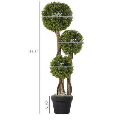 Three-tier artificial boxwood topiary balls with twisted trunk in a black pot, 35.5 inches tall
