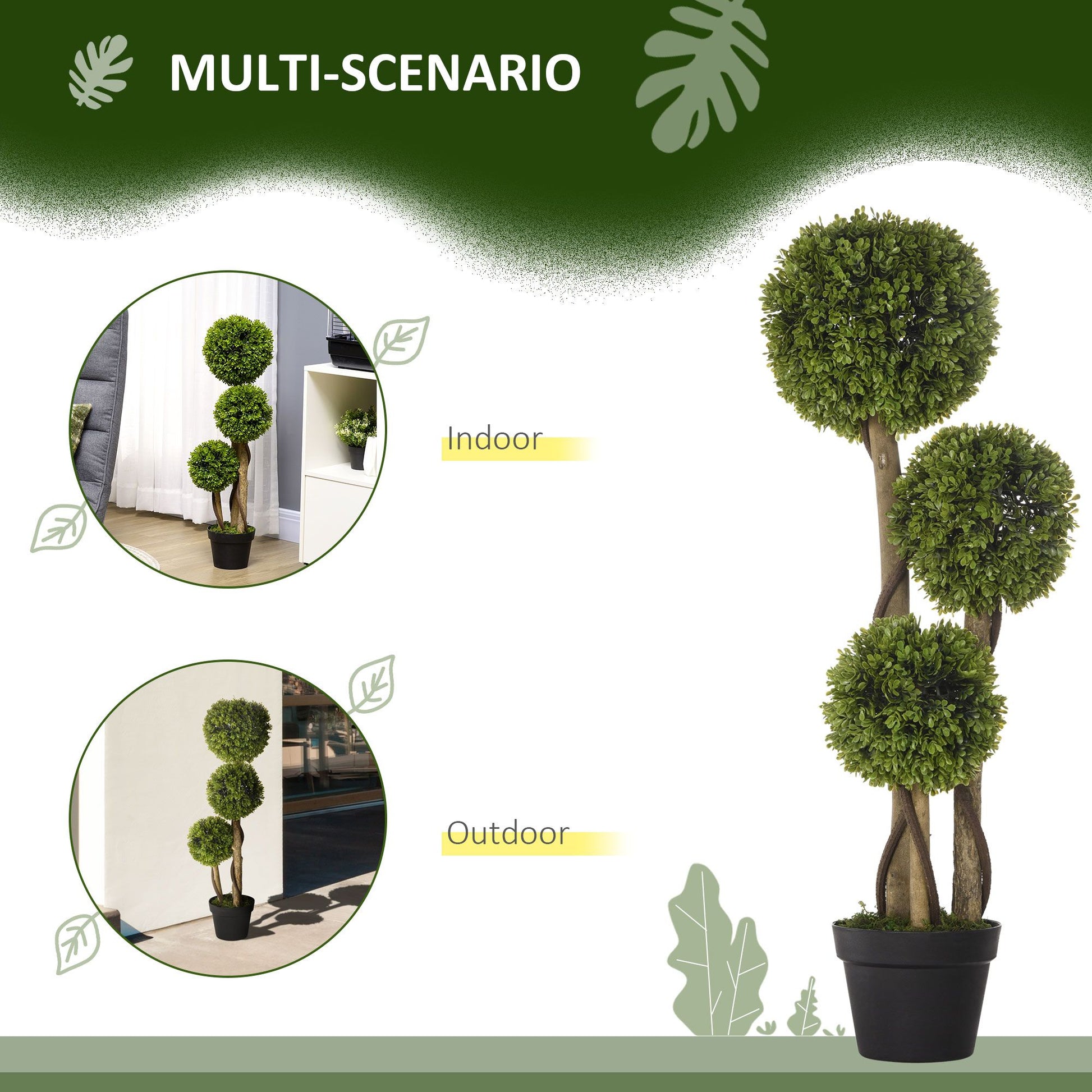 Artificial boxwood topiary balls in a decorative planter for indoor and outdoor decor